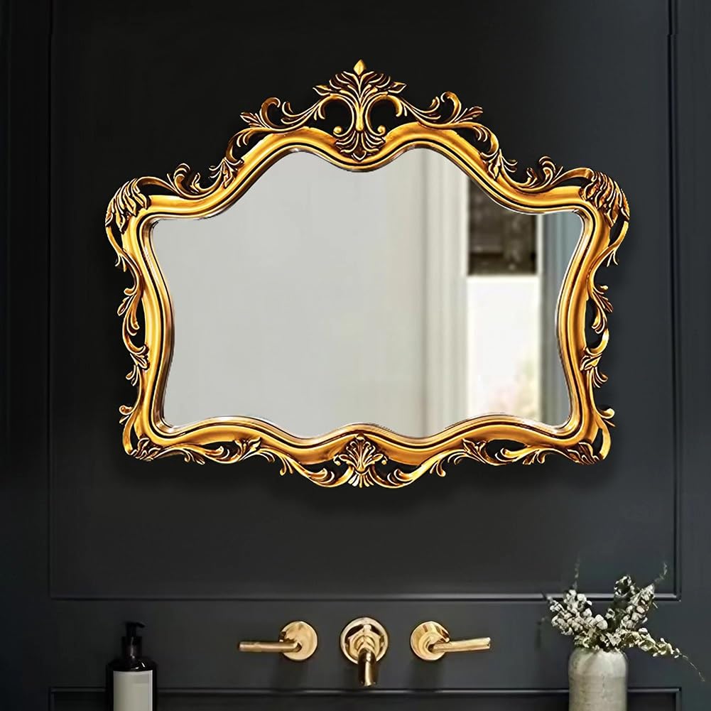 36 x 45 inch Vintage Gold Mirror, Ornate Baroque Arched Mirror for